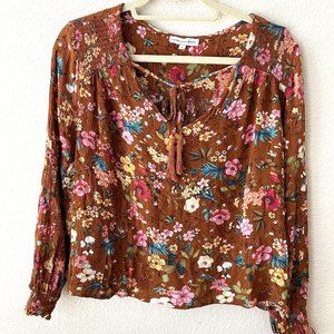 Cupcakes & Cashmere Womens Floral Cinch Sleeve Tassel Front Blouse Size Large
